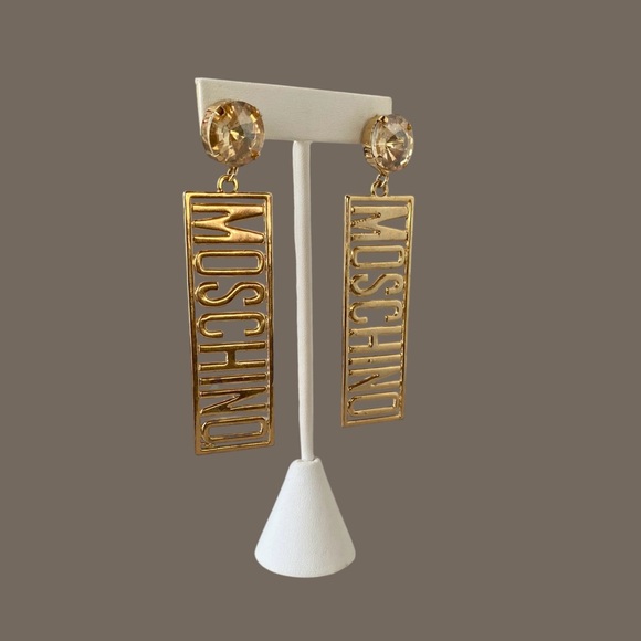 MOSCHINO Logo Post Gold Plated Earrings with Champagne Rivoli Rhinestones - Picture 4 of 6